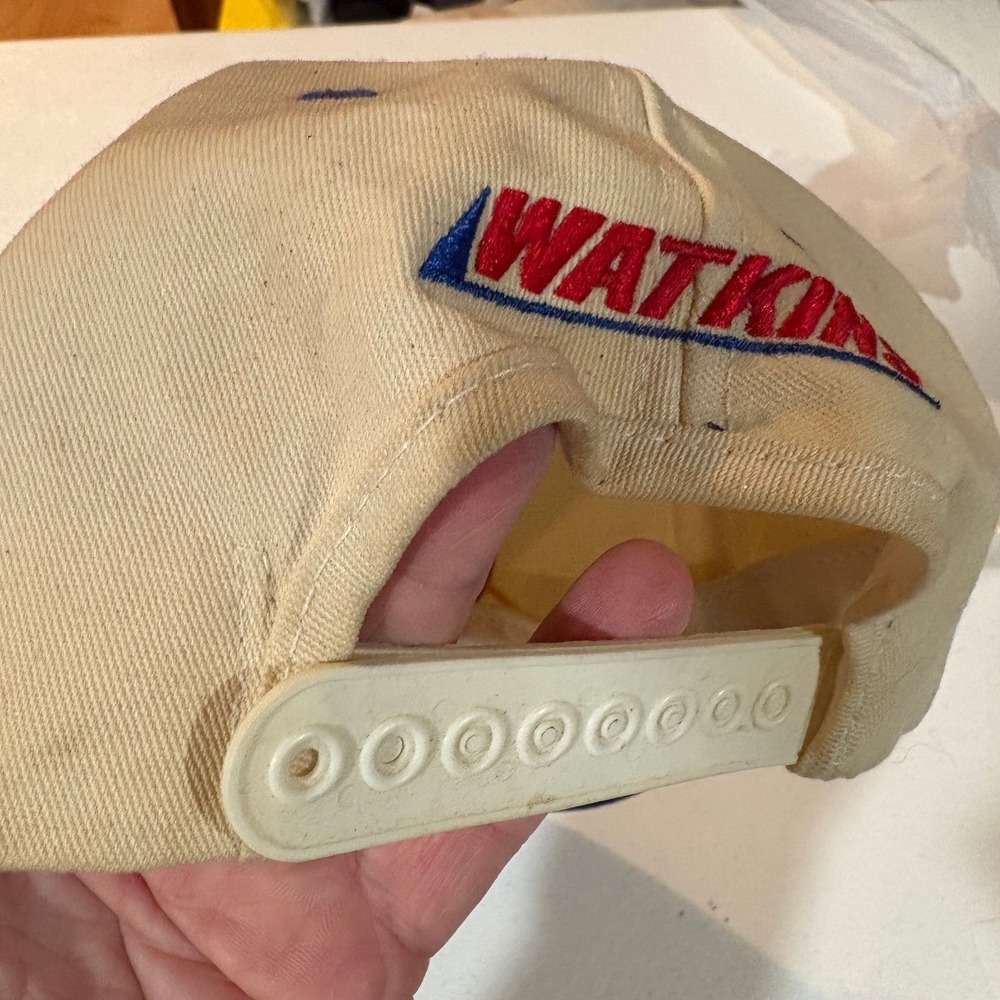 Vintage Service 2000 Watkins Snapback Hat Cream Blue Two Tone Trucker Cap 90s - Picture 3 of 5
